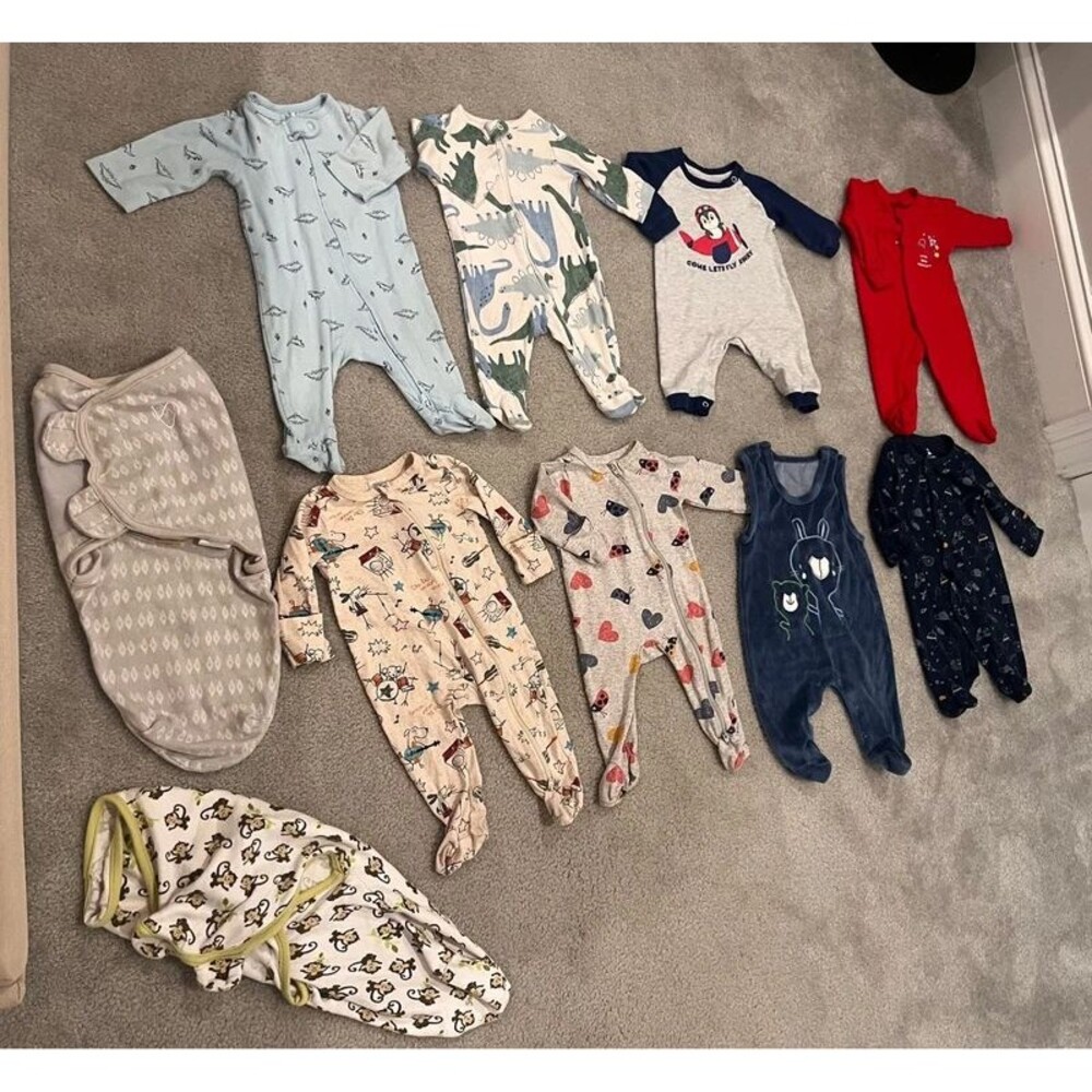 10 pc baby boy clothes bundle footsies and swaddles Newborn - 3 months